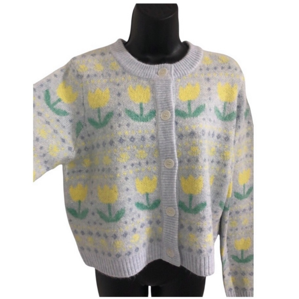 Jessica Simpson‎ blue yellow flowers chunky fuzzy cardigan size medium brand new